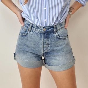 REFORMATION Charlie cuffed high rise jean shorts fray hem button closure 29